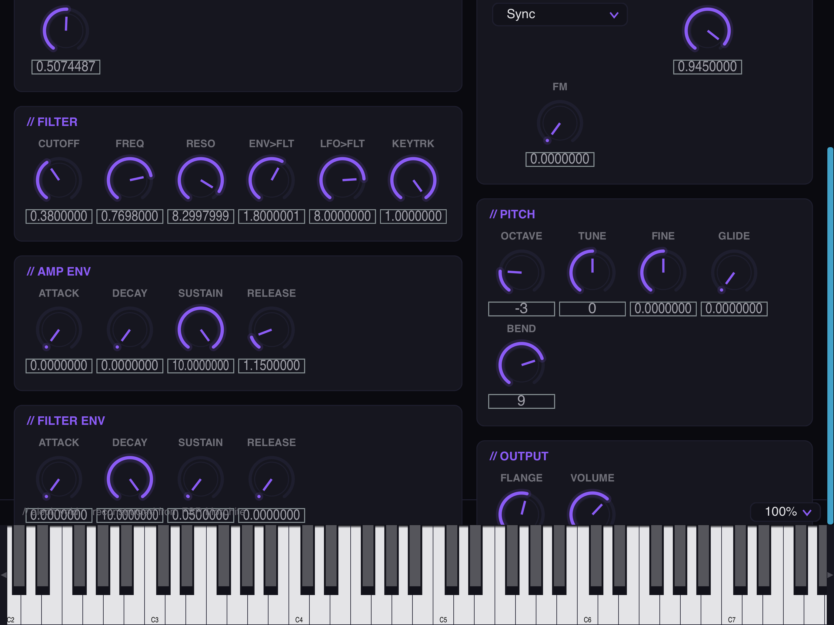 Morphix on iPad showing the amp and filter envelopes, pitch with bend, and output sections over the keyboard