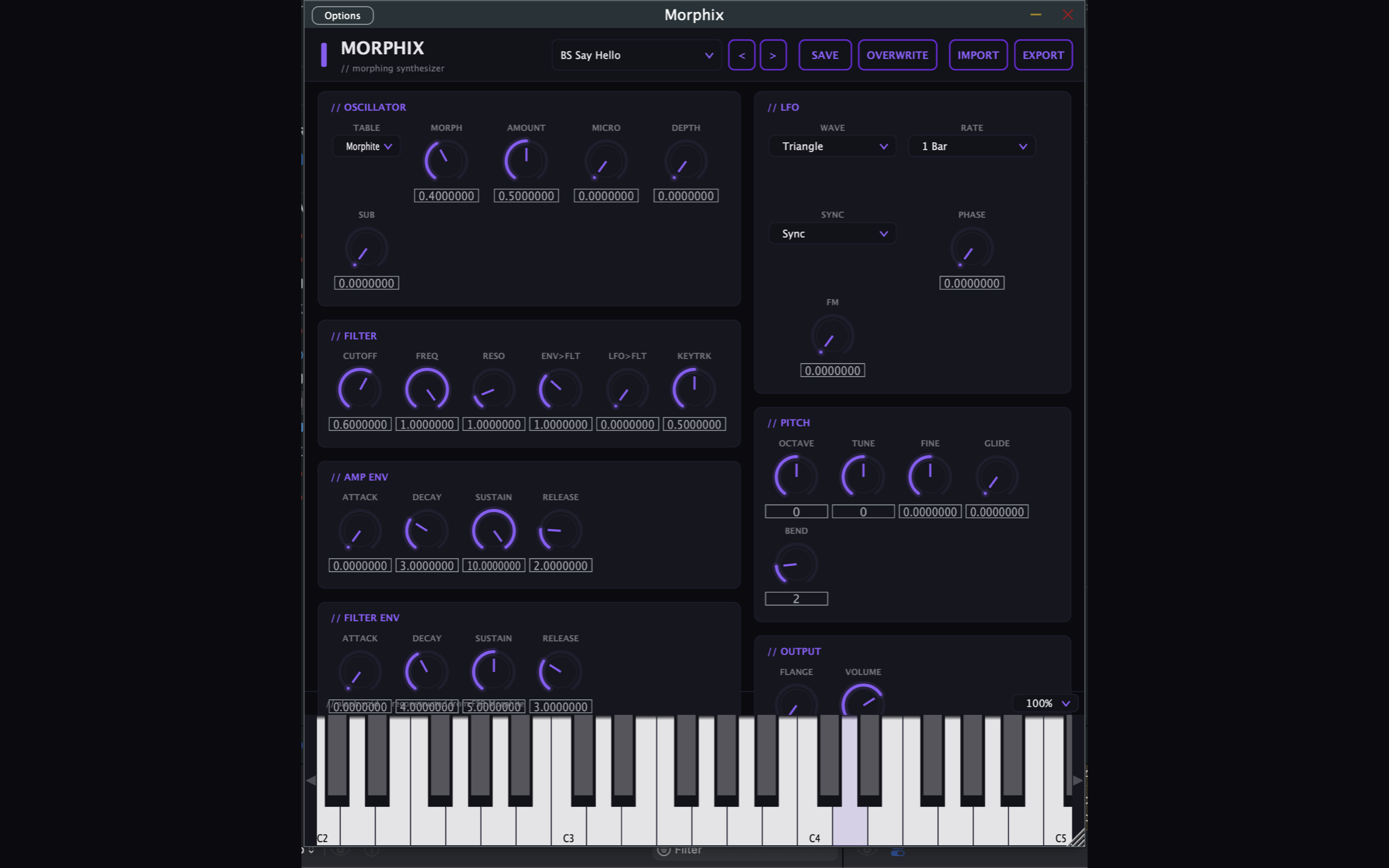 Morphix full plugin window on macOS showing the oscillator, LFO, filter, envelopes, pitch, and output sections